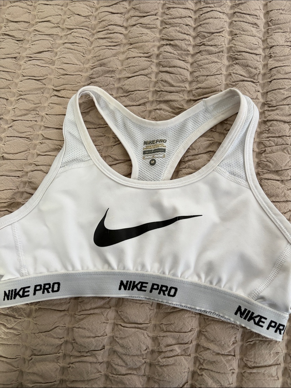 Nike White Sports Bra with Black Swoosh and Branded Band